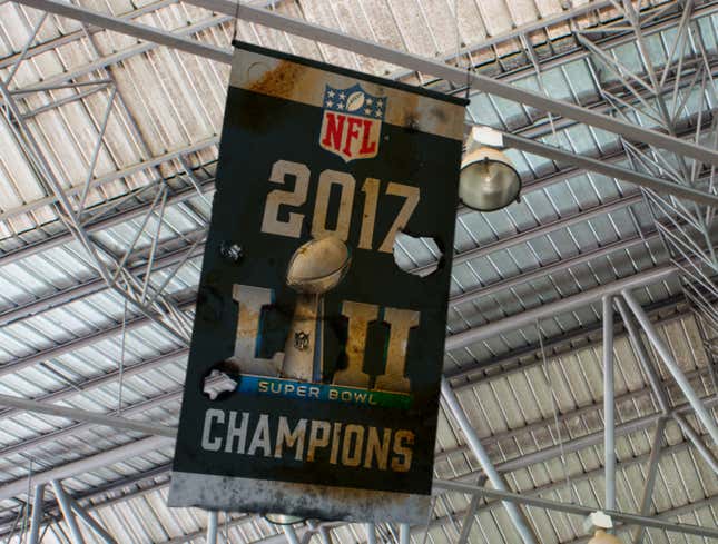 Image for article titled Eagles Hang Beer-Drenched, Charred Super Bowl Banner