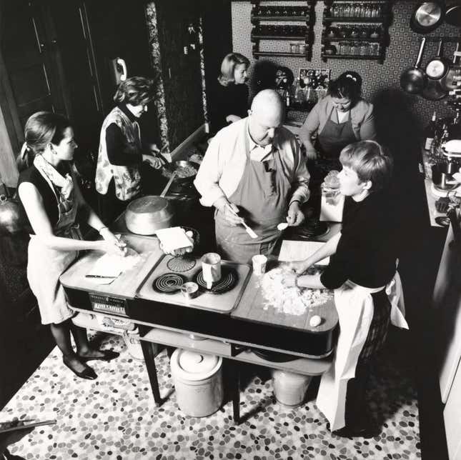 James Beard teaching a cooking class at home in 1970