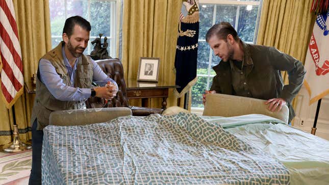 Image for article titled ‘They Can’t Impeach Someone They Can’t See,’ Say Trump Boys Cramming Dad Into Homemade Bunker Under Oval Office Desk