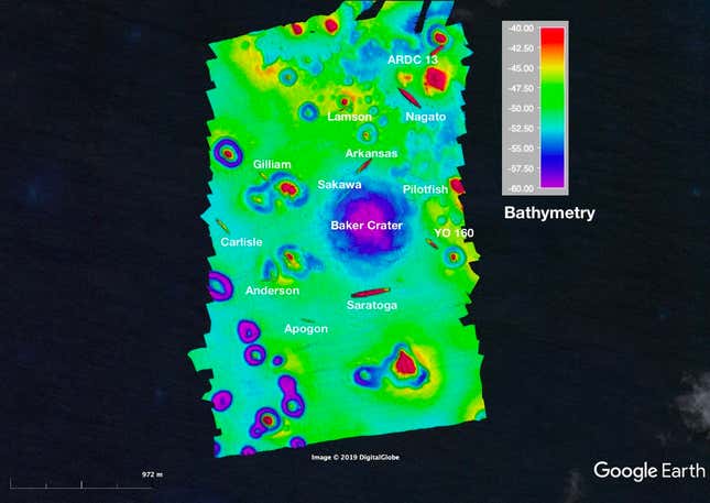 The Baker crater with the mapped location of sunken ships