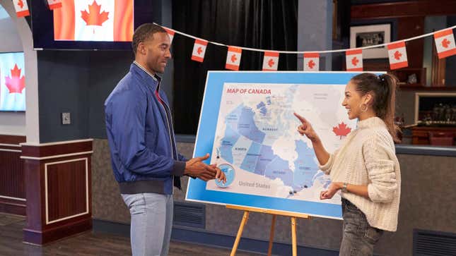 Matt James and Serena P. standing in front of a map of Canada in an episode of The Bachelor