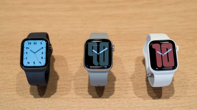 Apple Watch Series 5 devices are displayed in the Apple Marunouchi store on September 20, 2019 in Tokyo, Japan.