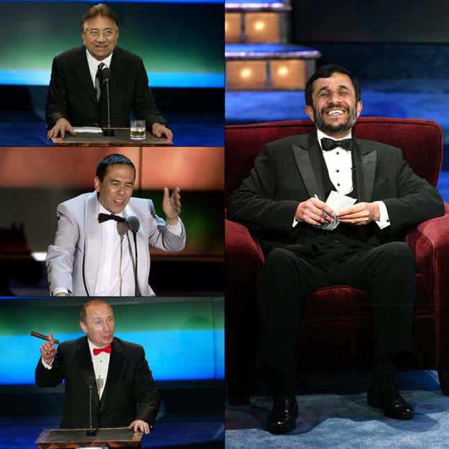 Musharraf, Gottfried, and Putin, left, zing Ahmadinejad, above.