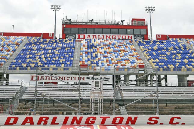 The empty stands of Darlington Raceway where NASCAR will return today.