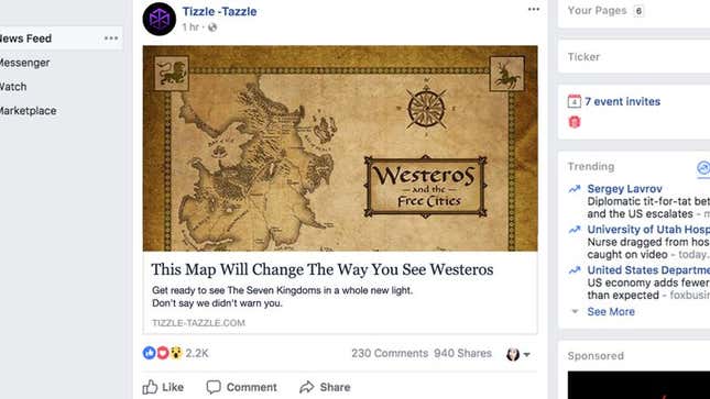 Image for article titled ‘This Map Will Change The Way You See Westeros,’ Reports Never-Ending Cascade Of Subhuman Bullshit