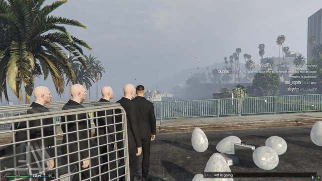 Random items and NPCs spawned right on top of a player in a GTA Online lobby.