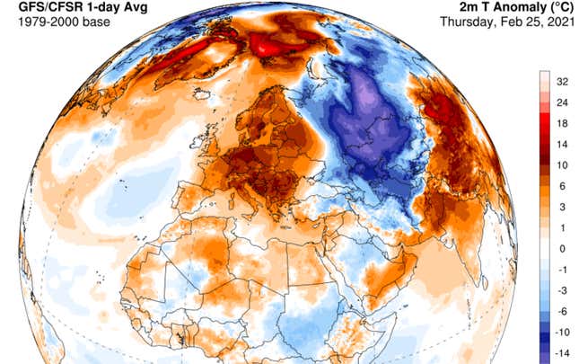 A temperature anomaly maps shows heat over Europe and the Arctic and a chill over Russia.