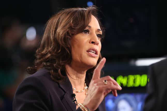 Democratic presidential candidate Sen. Kamala Harris (D-CA) speaks during a television interview after the second night of the first Democratic presidential debate on June 27, 2019, in Miami.