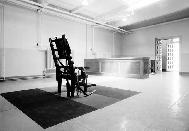 This 1968 file photo shows an empty electric chair in the Death House at Sing Sing Prison in Ossining, N.Y.