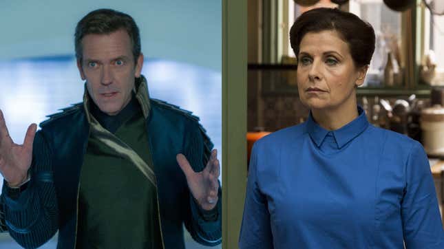 From left: Hugh Laurie in Tomorrowland, and Rebecca Front in Humans. 
