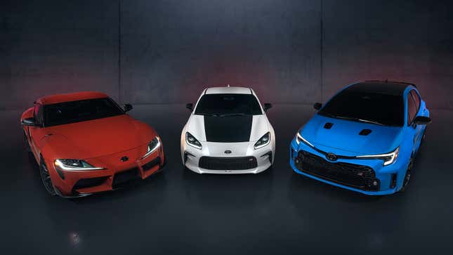Special editions of the GR Supra, GR86 and GR Corolla, lined up.
