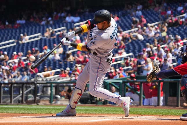 Sep 3, 2023; Washington, District of Columbia, USA;  Miami Marlins second baseman Luis Arraez (3) hits a home run against the Washington Nationals during the first inning at Nationals Park.