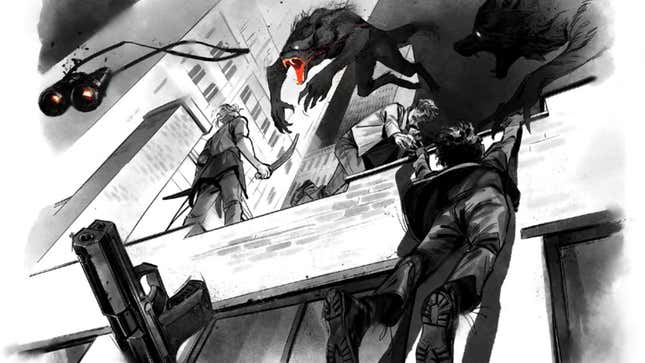 Werewolves and humans are engaged in in melee combat across a rooftop.
