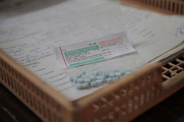Packaged morphine pills are pictured at a palliative care clinic in Kerala, India.