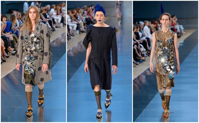 Models walk the runway during the Maison Margiela show as part of Paris Fashion Week Haute Couture Fall/Winter 2015/2016 on July 8, 2015 in Paris, France.