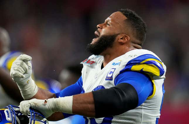 Los Angeles Rams’ Aaron Donald celebrates after the Rams defeated the Cincinnati Bengals 23-20 at the end of NFL football’s Super Bowl 56 in Inglewood, Calif., Sunday, Feb. 13, 2022.