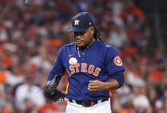 Nov 5, 2022; Houston, Texas, USA; Houston Astros starting pitcher Framber Valdez (59) flips the ball out of his glove before pitching against the Philadelphia Phillies during the second inning in game six of the 2022 World Series at Minute Maid Park.
