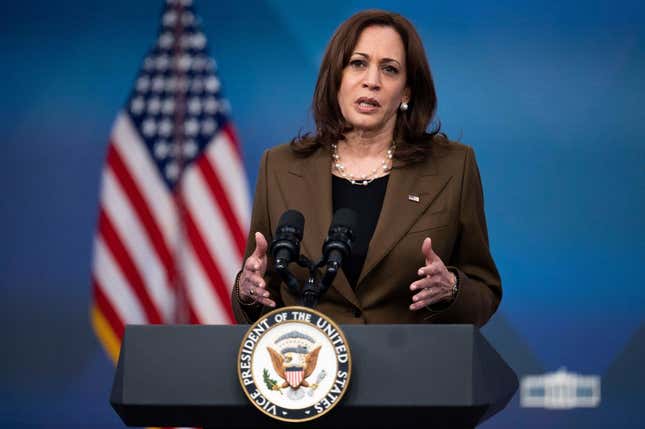 US Vice President Kamala Harris updates the Biden-Harris Administration’s actions to improve public safety in all communities during an event in the South Court Auditorium of the Eisenhower Executive Office Building, next to the White House, in Washington, DC, on March 16, 2022. 