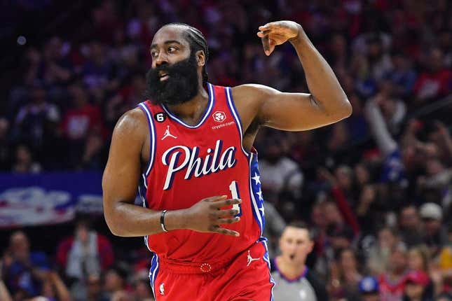 Apr 15, 2023; Philadelphia, Pennsylvania, USA;Philadelphia 76ers guard James Harden (1) reacts after making a three point basket against the Brooklyn Nets during the second quarter of game one of the 2023 NBA playoffs at Wells Fargo Center.