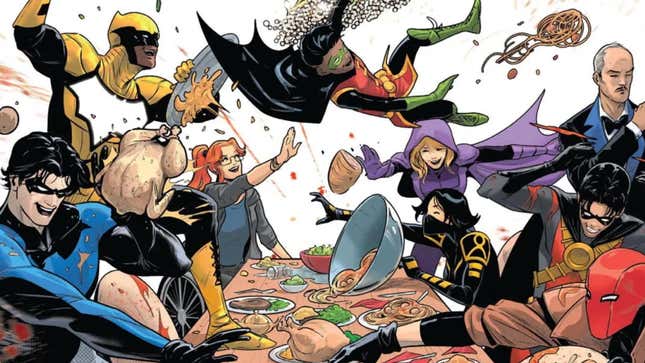 The Bat-family has a food fight at the dinner table.
