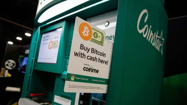 A bitcoin sign is seen on a Coinstar ATM during the Bitcoin 2022 Conference at Miami Beach Convention Center on  April 8, 2022 in Miami, Florida. 