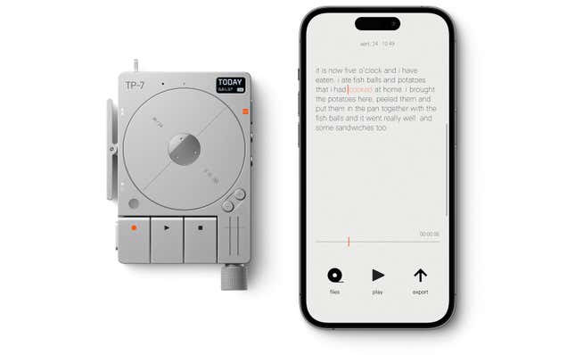 The Teenage Engineering TP-7 Field Recorder next to an iPhone and an app with a transcribed recording on screen.