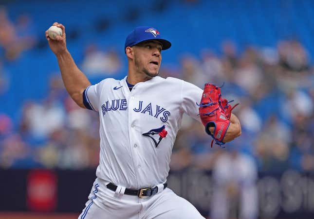 Sep 10, 2023; Toronto, Ontario, CAN; Toronto Blue Jays starting pitcher Jose Berrios (17) throws a pitch against the Kansas City Royals during the first inning at Rogers Centre.