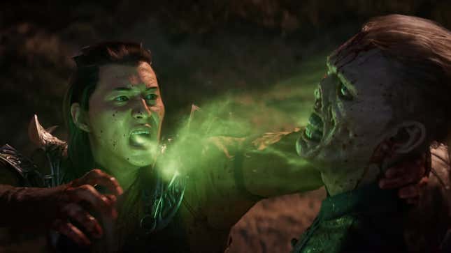 Shang Tsung consumes his vanquished opponent's soul, as he often does.