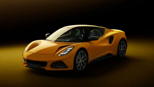 A photo of a yellow Lotus Emira sports car. 