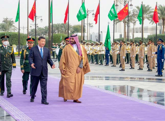 Saudi Crown Prince Mohammed Bin Salman welcomes Chinese President Xi Jinping in Riyadh, Saudi Arabia.