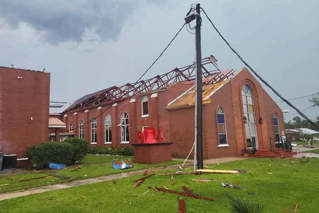 The First Missionary Baptist Church in Moss Point, Mississippi, sustained heavy damage from a tornado, on June 19, 2023. 