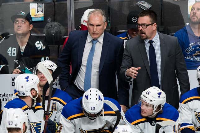 May 13, 2019; San Jose, CA, USA; St. Louis Blues interim head coach Craig Berube (left) and assistant coach Mike Van Ryn talk to their team against the San Jose Sharks in the third period of game two of the Western Conference Final of the 2019 Stanley Cup Playoffs at SAP Center at San Jose.