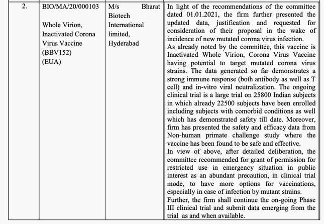 Minutes of the meeting of India's vaccine committee on Jan. 2.