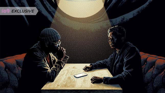 A drawing of two men sitting under a spotlight with a phone between them