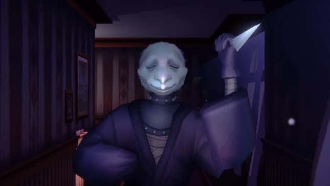 A slasher wearing a robe talks a student hiding in the shadows of a narrow hallway.