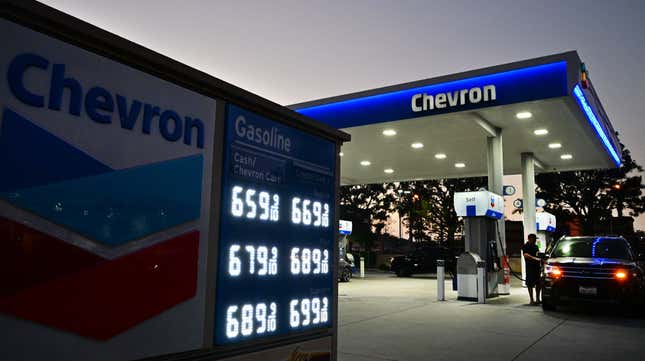 Gas prices at a Chevron station in Monterey Park, California on October 5, 2023.