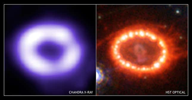 SN1987A كما يظهر في الأشعة السينية (يسار) والضوء المرئي (يمين).