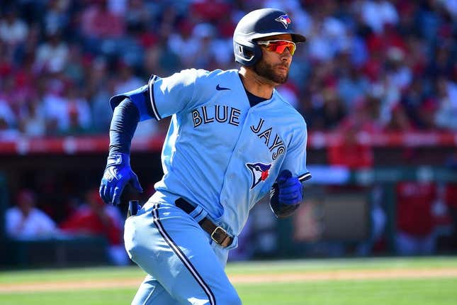 Apr 9, 2023; Anaheim, California, USA; Toronto Blue Jays center fielder Kevin Kiermaier (39) runs after hitting a ground rule RBI double against the Los Angeles Angels during the tenth inning at Angel Stadium.
