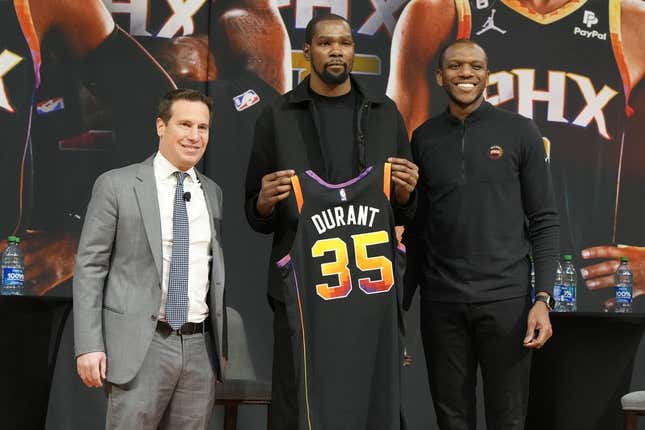 Feb 16, 2023; Phoenix, AZ, USA; Phoenix Suns owner Mat Ishbia, Forward Kevin Durant and General Manager James Jones pose for a photo at Footprint Center.
