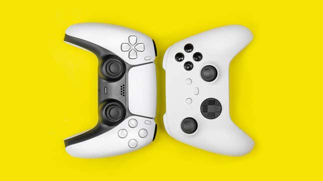 a ps5 controller and an xbox series s controller against a yellow background
