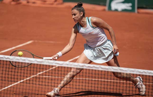 Jun 5 2023; Paris, France; Sara Sorribes Tormo (ESP) returns a shot against Beatriz Haddad Maia (BRA) on day nine at Stade Roland-Garros.