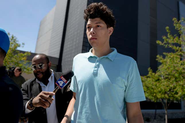 Jackson Mahomes exits the Johnson County jail after being arraigned on three charges of sexual battery on Wednesday, May 3, 2023.