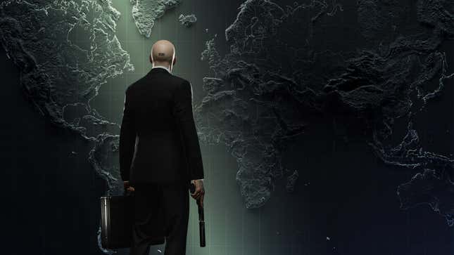 Agent 47 stares at a map while holding a silenced pistol in Hitman 3's new DLC.