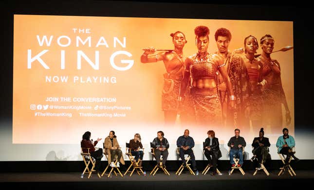 Moderator Jenelle Riley, director Gina Prince-Bythewood, screenwriter Dana Stevens, editor Terilyn A. Shropshire, composer Terence Blanchard, sound supervisor Becky Sullivan, re-recording mixer Tony Lamberti, costume designer Gersha Phillips and production designer Akin McKenzie attend the Film Independent Special Screening of “The Woman King” at Harmony Gold on December 15, 2022 in Los Angeles, California.