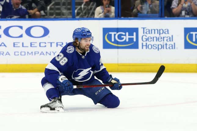 Apr 13, 2023; Tampa, Florida, USA; Tampa Bay Lightning left wing Brandon Hagel (38) scores a goal against the Detroit Red Wings during the third period at Amalie Arena.