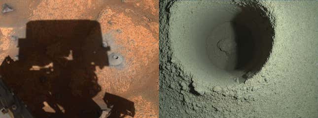 Izquierda: el agujero fotografiado por las cámaras de navegación del Perseverance. Derecha: el agujero desde la cámara especial WATSON del rover.