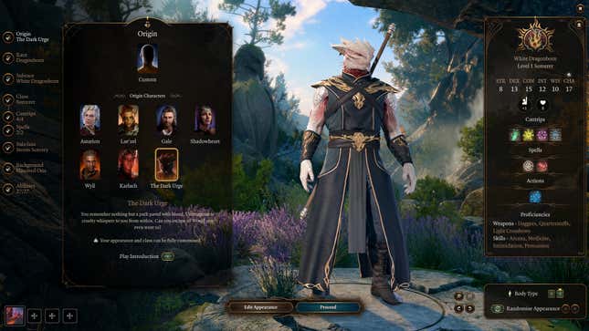 L'écran de création de personnage affiche l'option Dark Urge sélectionnée.