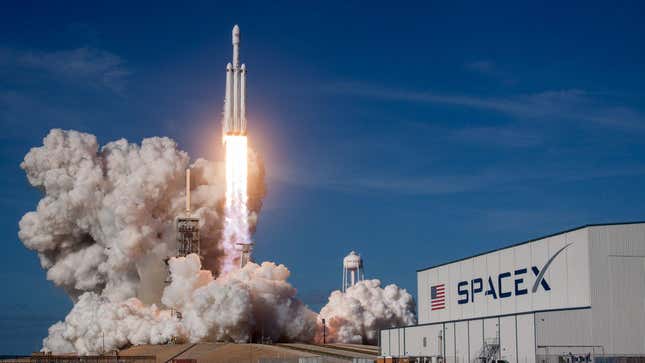 A Falcon Heavy blasting off in February 2018.
