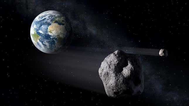 Artist’s depiction of a double asteroid system passing by Earth. 