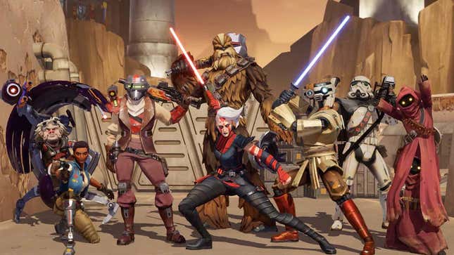 All the playable characters from Star Wars Hunters posing together. 